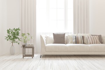 Stylish room in white color with sofa. Scandinavian interior design. 3D illustration