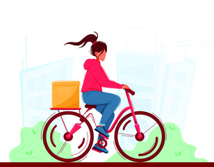 Girl on cycle with yellow thermal bag delivery order. Vector illustration of Fast delivery service
