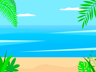 Fototapeta na wymiar Flat beach background. Greeting card with cartoon design Tropical islands. Vector stock illustration