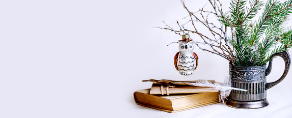 Education concept in Christmas composition. Actual winter shades of gold, green and gray. New...