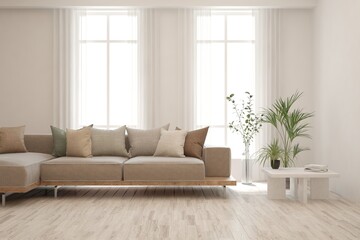 White living room with sofa. Scandinavian interior design. 3D illustration