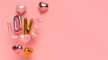 3d glossy heart balloons with gold word love. Pink background for Valentine's day, Mother's day or wedding. 3d rendering illustration with copy space.