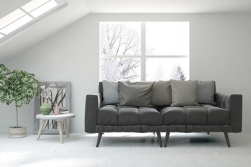 White living room with sofa and winter landscape in window. Scandinavian interior design. 3D illustration