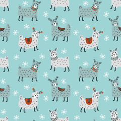 Hand drawn winter seamless pattern of lamas and snowflakes. Perfect for T-shirt, textile and print. Doodle illustration for decor and design. © Anna