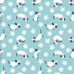 Hand drawn winter seamless pattern with dachshunds and snowflakes. Perfect for T-shirt, postcard, textile and print. Doodle illustration for decor and design.