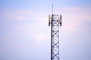 Telecommunication tower of 4G and 5G cellular. Antenna transmission communication. Cell phone signal base station.