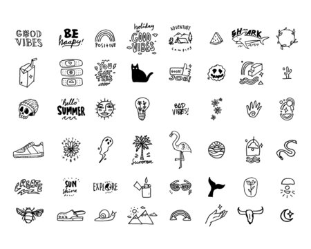 set of random hand drawn illustration for sticker, logo, element design, etc. hand-drawn vector illustration in childlike stroke. the outline cartoon in a simple drawing.