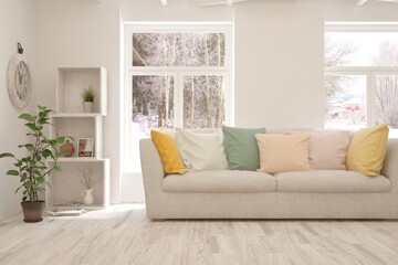 White living room with sofa and winter landscape in window. Scandinavian interior design. 3D illustration