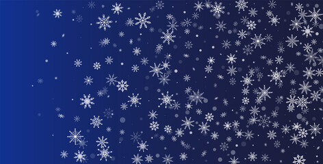 White delicate openwork snowflakes are scattered on a blue background. Festive background, postcard design, wallpaper
