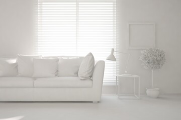 Mock up of stylish room in white color with sofa. Scandinavian interior design. 3D illustration