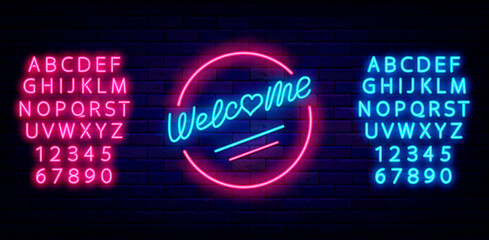 Welcome neon lettering. Greeting card with alphabet. Signboard to nightclub, website. Isolated vector illustration