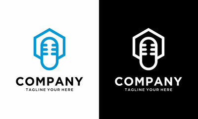 Mic Hexagon, Modern Microphone logo for Speech Radio Podcast Broadcast Karaoke Studio Record business. on a black and white background.