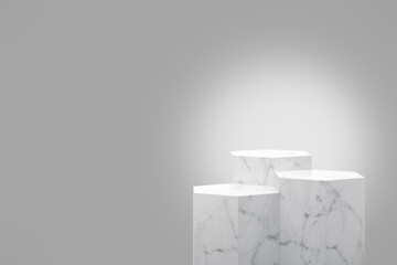 Hexagon block step white marble podium with colored background in luxury studio scene. Modern showroom interior 3d rendering image for product display.