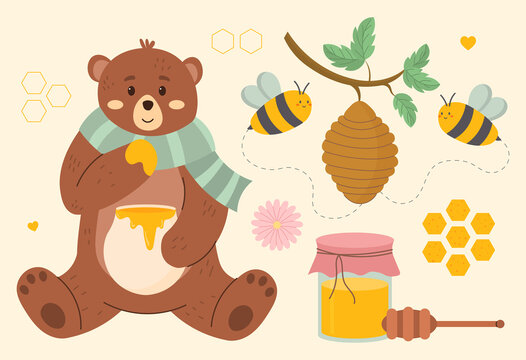 Set of cute bee, tasty healthy honey, jars, hive, honey spoon, flower, bear, honeycomb. Hand drawn colored trendy vector illustration. Cartoon style. Flat design. All elements are isolated