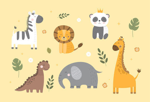 Cute Animals in the jungle. Vector cute illustrations of panda, lion, elephant, giraffe, dinosaur and zebra. Card or illustration for kids