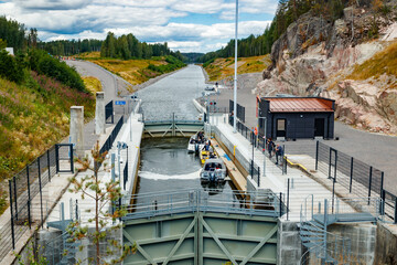 Kouvola, Finland - 5 August 2021: Kimola Canal between lakes. Gateway is open for boats going...