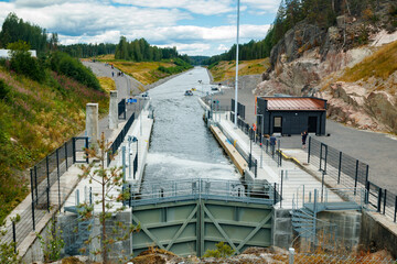 Kouvola, Finland - 5 August 2021: Kimola Canal between lakes. Gateway is open for boats going...