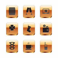 Set Wooden barrel, Traffic light, Coffee cup, Christmas sock, Four leaf clover and Laptop with envelope icon. Vector
