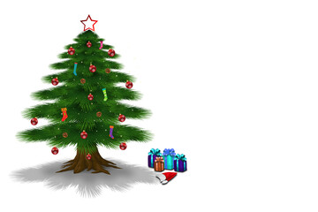 decorated christmas tree with many presents and isolated on white. copy space.