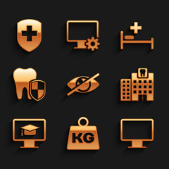 Set Invisible or hide, Weight, Computer monitor screen, Dental clinic, Monitor with graduation cap and protection icon. Vector
