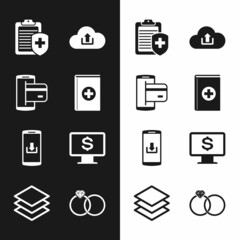 Set Medical book, NFC Payment, Clipboard with medical insurance, Cloud upload, Smartphone download and Monitor dollar icon. Vector