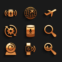 Set Voice assistant, Contactless payment, Magnifying glass and analysis, , Web camera and Gear arrows workflow icon. Vector