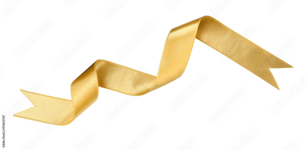 Poster Golden satin ribbon on white background, top view