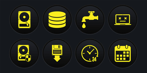 Set Hard disk drive HDD protection, Dead laptop, Floppy backup, Clock 24 hours, Water tap and Database icon. Vector