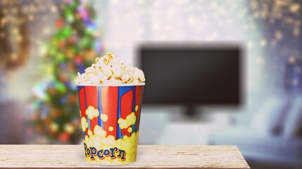 Christmas eve. Watching tv and eating popcorn concept. Home cinema.