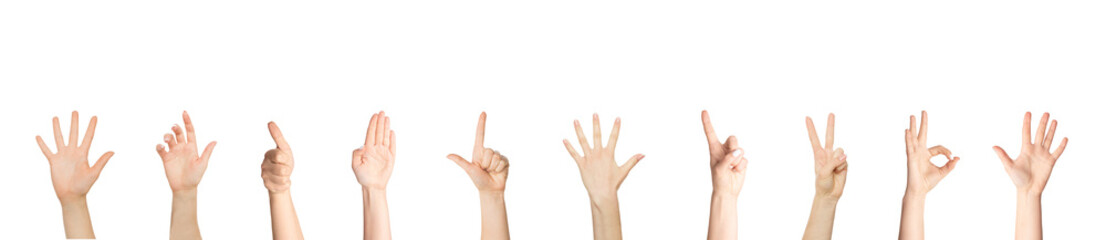 Collection of ladies hands gesturing over white background