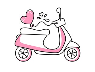 Vector element moped for Valentines Day. Hand-drawn love symbols in a linear style. Isolated on a white background.