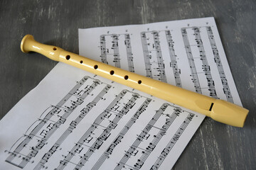 Music sheets and a recorder - obrazy, fototapety, plakaty