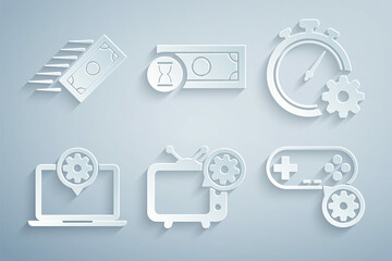 Set Tv setting, Time management, Laptop, Gamepad, Fast payments and icon. Vector