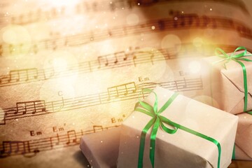 Christmas Music concept. Christmas decorations on music sheets