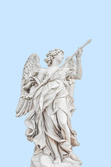 Cover page with statue of a beautiful holy angel with wings holding a war spear at the Saint Angel...