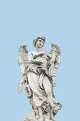 Cover page with statue of a beautiful holy angel with wings at the Saint Angel bridge at blue sky solid background, Rome, Italy, with copy space.