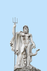 Cover page with statue of Neptune at Piazza del Popolo at blue sky solid background, Rome, Italy, with copy space.