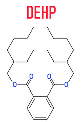 DEHP (Bis(2-ethylhexyl) phthalate, diethylhexyl phthalate, dioctyl phthalate, DOP) plasticizer molecule. Skeletal formula.