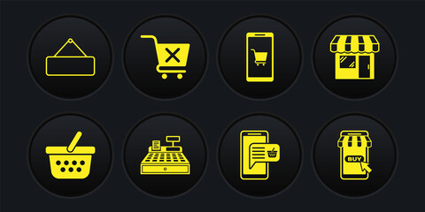 Set Shopping basket, Market store, Cash register machine, Mobile and shopping, cart, Remove, and Signboard hanging icon. Vector