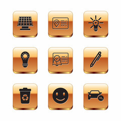 Set Solar energy panel, Recycle bin with recycle, Smile face, Certificate template, Light bulb gear, Hydrogen car and Address book icon. Vector