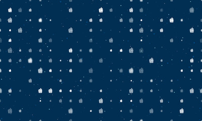 Seamless background pattern of evenly spaced white juicer symbols of different sizes and opacity. Vector illustration on dark blue background with stars