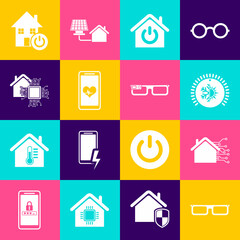 Set Glasses, Smart home, Thermostat, Mobile with heart rate, and glasses icon. Vector