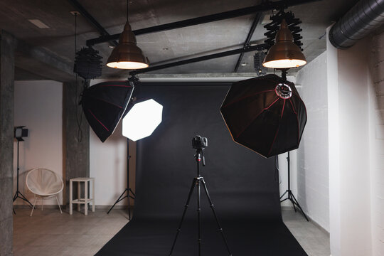 Interior of professional photo studio with modern equipment