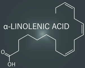 Alpha-linolenic acid or ALA molecule. Essential polyunsaturated omega-3 fatty acid, present in many vegetable oils. Skeletal formula.
