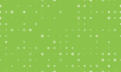 Seamless background pattern of evenly spaced white star of David symbols of different sizes and opacity. Vector illustration on light green background with stars