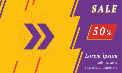 Sale promotion banner with place for your text. On the left is the double arrow symbol. Promotional text with discount percentage on the right side. Vector illustration on yellow background