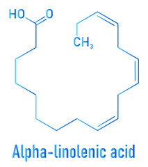 Alpha-linolenic acid or ALA molecule. Essential polyunsaturated omega-3 fatty acid, present in many vegetable oils. Skeletal formula.