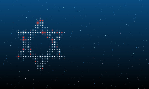 On the left is the star of David symbol filled with white dots. Background pattern from dots and circles of different shades. Vector illustration on blue background with stars