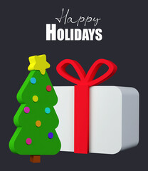 Christmas 3d render illustration minimal christmas decoration with tree, gift box on black background