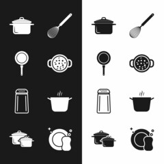 Set Cooking soup in pot, Frying pan, Kitchen whisk, Salt and pepper, Washing dishes and icon. Vector
